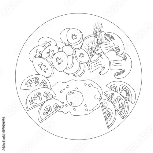 A breakfast of scrambled eggs, fresh tomatoes, mushrooms, fried vegetables, and a sprig of dill. Food on a plate in doodle style. Vector illustration isolated on a white background.