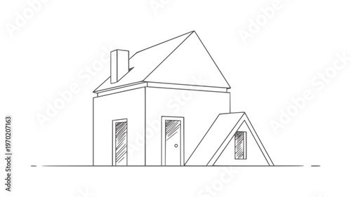 Simple line of a house with a chimney and two doors building architecture outline