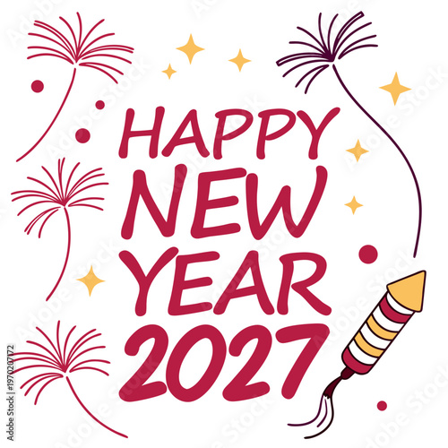 Red Happy New Year 2027 Fireworks red text celebration