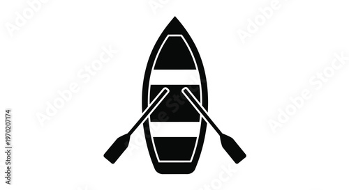 Overhead view of a black rowboat with oars distinct silhouette