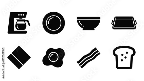 A collection of black flat icons depicting breakfast items and kitchenware in a minimalist silhouette high quality professional detailed modern elegant