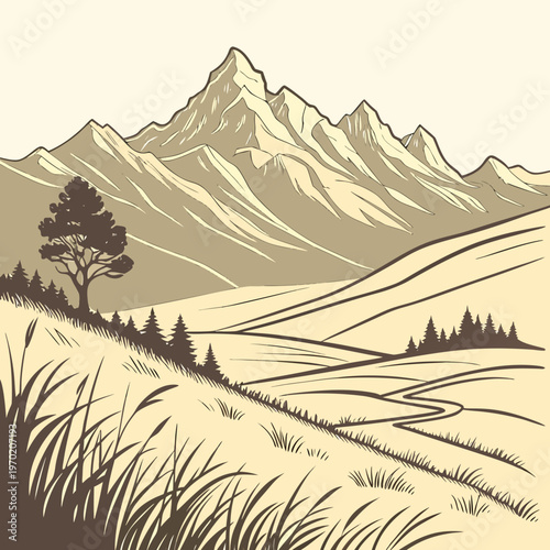 Mountain Landscape with Tree and Grasses hills