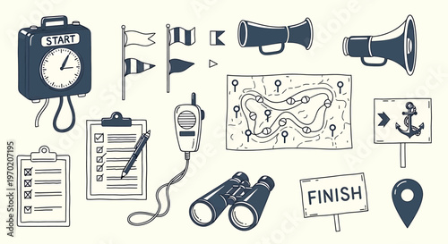 Vintage racing and navigation tools isolated on transparent background hand drawn style illustration