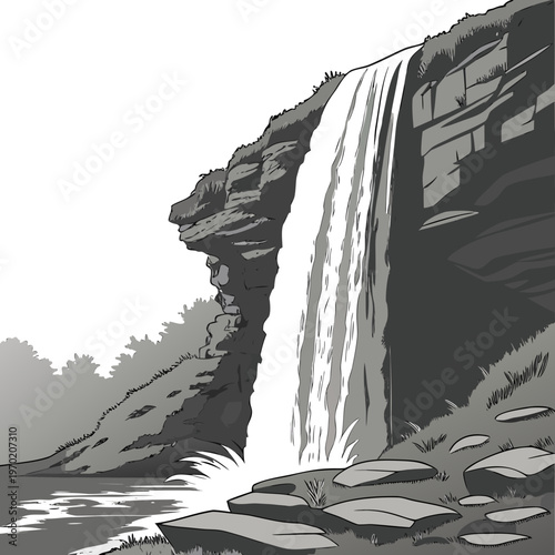 Grayscale cliffside waterfall rocks stone nature