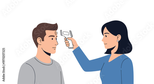 A woman uses an infrared thermometer to check a man's forehead temperature against a white background.