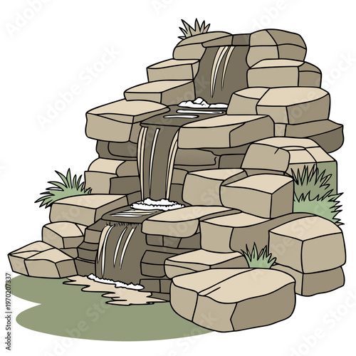 Small stone waterfall with grass rocks