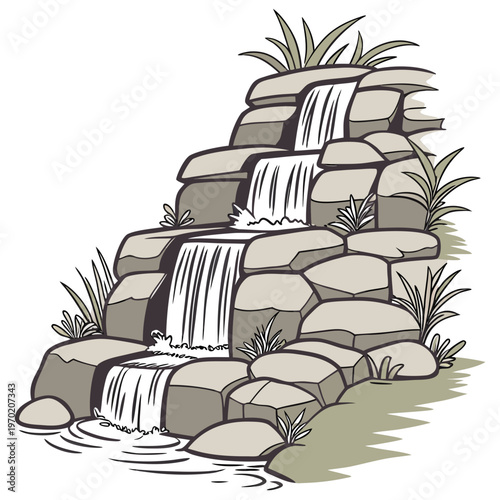 Small tiered waterfall with rocks and plants stone