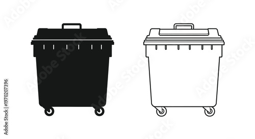 Two trash cans one black and one white in a graphic silhouette