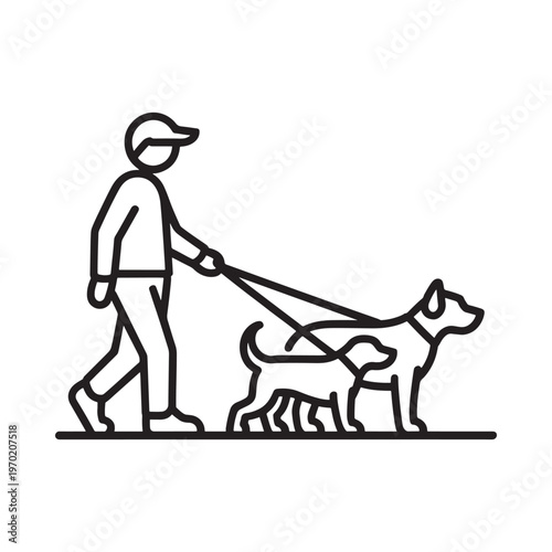 A simple line drawing depicts a person walking their dog outdoors