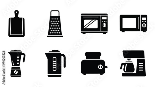 A collection of black kitchen appliances including a blender microwave toaster and cutting board silhouette high quality professional detailed modern elegant