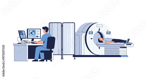 A male technician monitors a patient undergoing an MRI scan behind a privacy screen in a medical facility.
