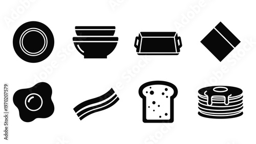 A collection of black silhouettes depicting breakfast foods and dishware including eggs bacon and plates silhouette high quality professional detailed modern