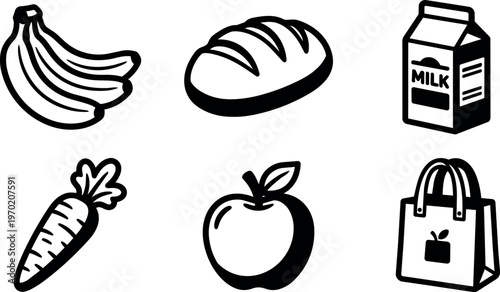 Black and white grocery icons including banana bread milk carrot apple and shopping bag