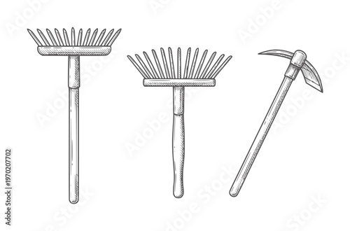 Three Hand Drawn Garden Tools Leaf Rake and Pickaxe