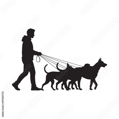 Silhouette of a man walking three large dogs on leashes