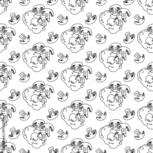 Scrambled eggs with mushrooms in doodle style. Seamless pattern. Vector illustration.