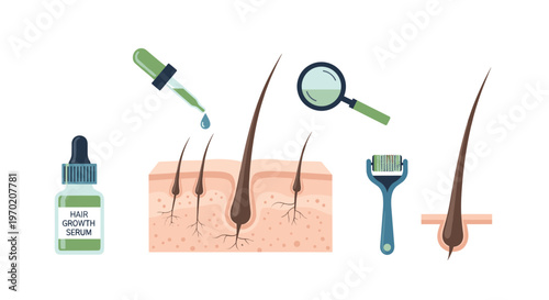 A comprehensive medical infographic displays a skin cross-section with hair follicles surrounded by a serum bottle, a dropper, a magnifying glass, and a roller.