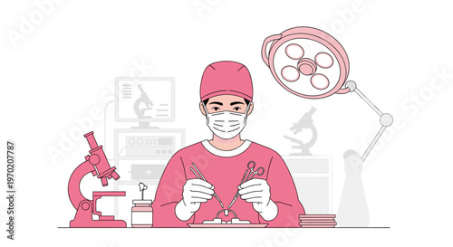A surgeon in pink scrubs and mask performs a procedure with surgical tools under an operating lamp.