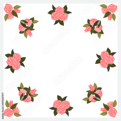A frame decorated with two light pink roses in each corner and a circle in the center. Vector illustration isolated on a white background.