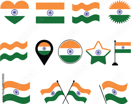 Indian flag icons illustration, tricolor national symbol artwork, creative flag design variations, patriotic emblem drawing, cultural pride branding