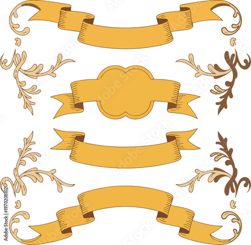 Golden vintage banners, ornate floral flourishes, decorative scrolls, elegant antique design, retro ornamental frame, luxury certificate border, classic invitation template