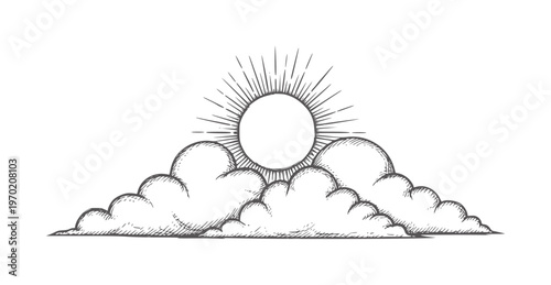 Vintage sunburst behind fluffy clouds retro