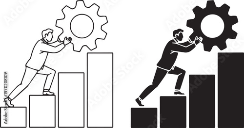 Businessman pushing gear up stairs representing hard work and process optimization for career growth in line art and solid silhouette style
