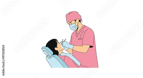 A male dentist in pink scrubs examines a female patient's teeth with dental tools in a blue chair.