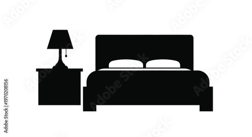 Minimalist bedroom furniture set depicted in a dark silhouette