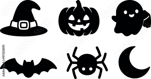 Black halloween icons witch hat pumpkin ghost bat spider and crescent moon