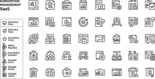 Subscription management SaaS line icon set featuring billing invoices customer analytics recurring payments and service plans
