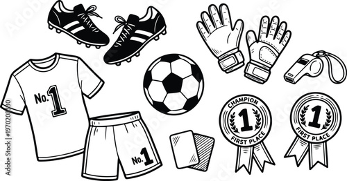 Soccer equipment collection, cleats ball gloves whistle jersey shorts, champion award ribbons, referee cards, competitive sport icons, athletic gear vector, black outline illustration