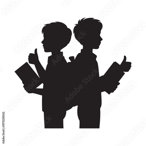 Two boys with books giving thumbs up in a silhouette style