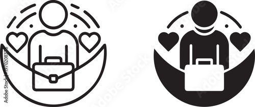 Employee well being and work life balance icon showing professional with briefcase and heart symbols for job satisfaction and happiness