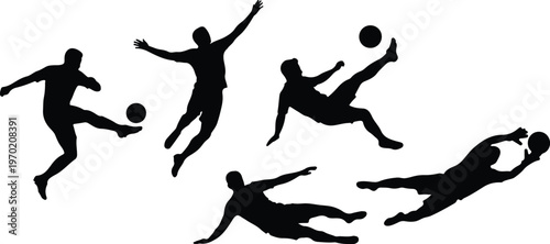 Soccer player silhouettes, dynamic action poses, athletic sport illustration, ball kicking motion, competitive game vector, black outline design, team activity, energetic movement, outdoor sport 
