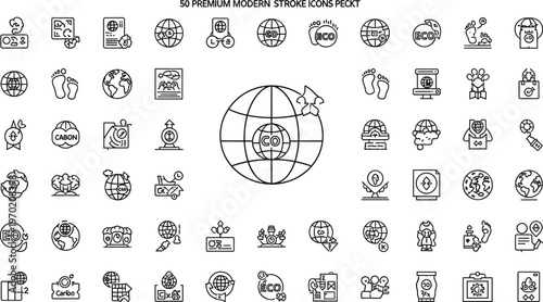 Sustainability and climate change line icon set featuring carbon footprint ecology earth environmental protection symbols vector collection