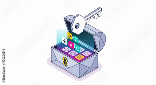 Isometric Illustration of a Digital Treasure Chest being Unlocked with a Key, Representing Data Security, Cybersecurity, and Unlocking Business Potential
