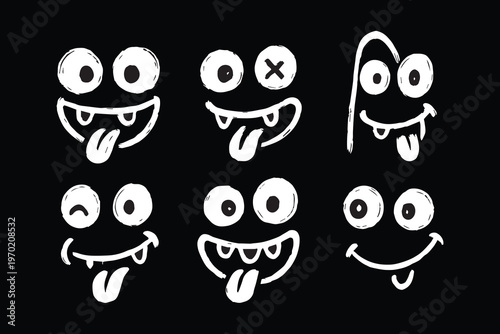 Hand drawn graffiti style monster faces with tongue out, expressive cartoon emoji set white on black background.