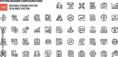 System configuration and SaaS management line icon set featuring settings dashboard analytics monitoring automation and digital platform tools