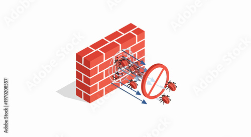 Cybersecurity Concept of Network Firewall Blocking Malware Bugs and Viruses in Isometric Illustration Style
