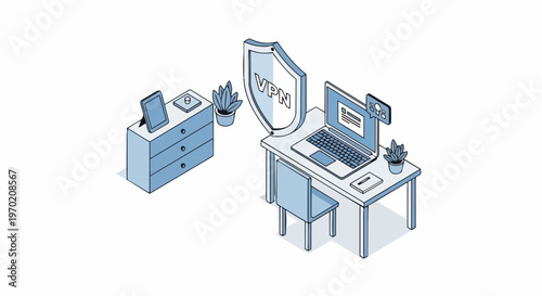 VPN Cybersecurity and Data Protection for Home Office Isometric Illustration. Secure Remote Work, Privacy Network, and Cyber Safety Concept.