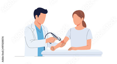 A male doctor administers red laser therapy to a female patient's forearm at a white table.