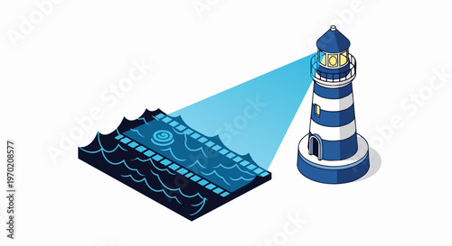Isometric Lighthouse Illustration with Searchlight Beam Shining on Ocean Waves for Marine Navigation and Safety Concept