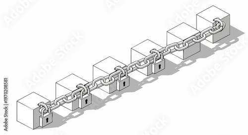 Isometric Blockchain Security Concept with Connected Cubes and Padlocks, Black and White Line Art Illustration of Encrypted Data Blocks and Cyber Security
