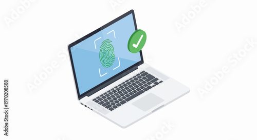 Isometric Laptop with Fingerprint Recognition and Green Checkmark - Secure Biometric Authentication and Cyber Security Concept