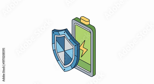 3D Isometric Battery with Protection Shield Icon - Power Security and Energy Management Concept