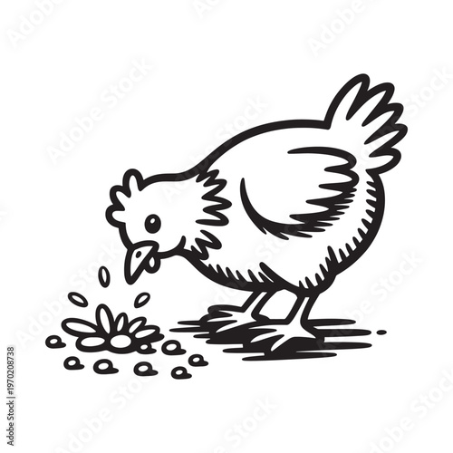 A simple black and white illustration of a chicken pecking at grain