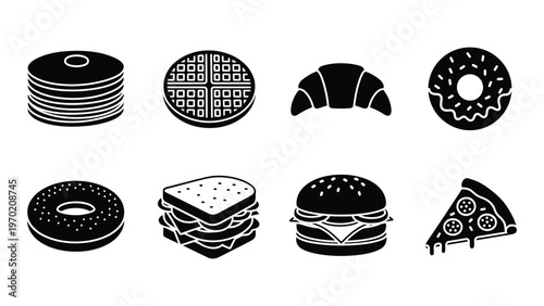 A collection of various breakfast lunch and dessert items is depicted in a stark black graphic silhouette high quality professional detailed