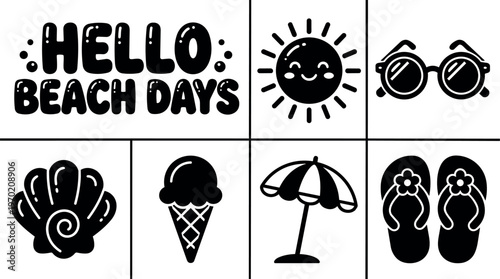 Hello beach days text with sun sunglasses shell ice cream umbrella and flip flops icons