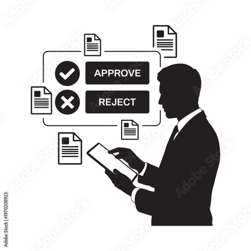 Business decision making process a silhouette reviewing documents with approval options
